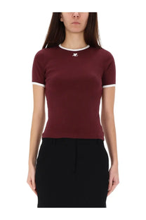 Courrèges women’s signature contrast shirt in maroon with white ribbed trim at neckline and cuffs short sleeves
