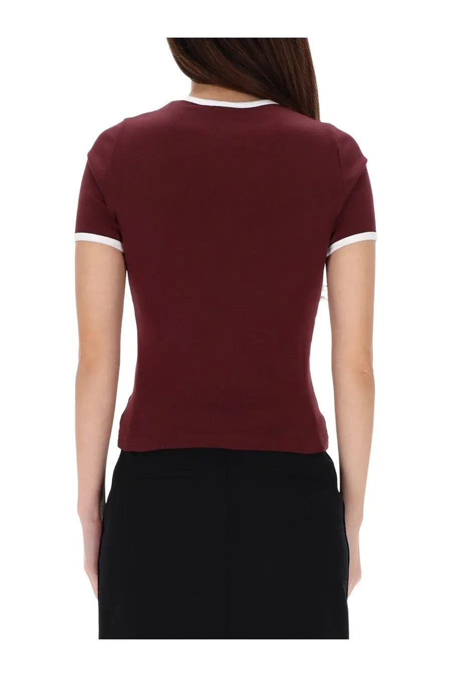 Courrèges women’s maroon short-sleeved shirt with white trim around neckline and sleeve cuffs for casual wear