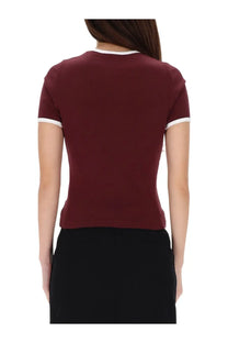 Courrèges women’s maroon short-sleeved shirt with white trim around neckline and sleeve cuffs for casual wear