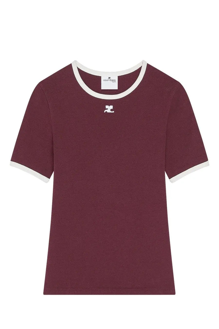 Courrèges womens signature contrast shirt red maroon short sleeve with white ribbed trim and small white logo on chest