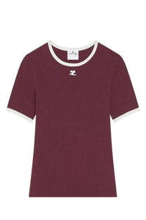 Courrèges womens signature contrast shirt red maroon short sleeve with white ribbed trim and small white logo on chest