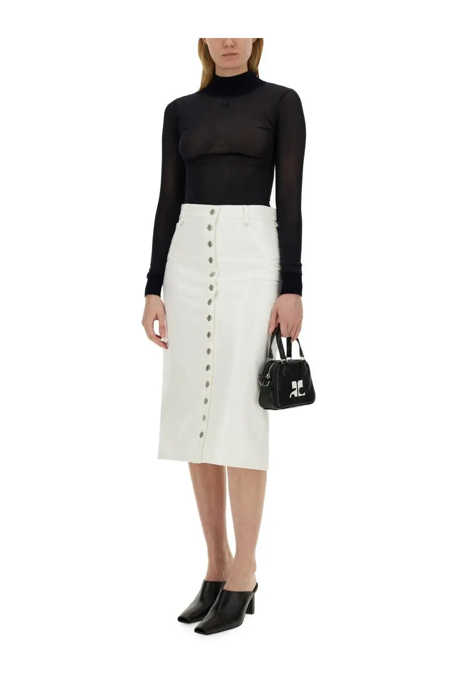 Black leather mini handbag with white logo on the front from courrèges women’s skirt white collection