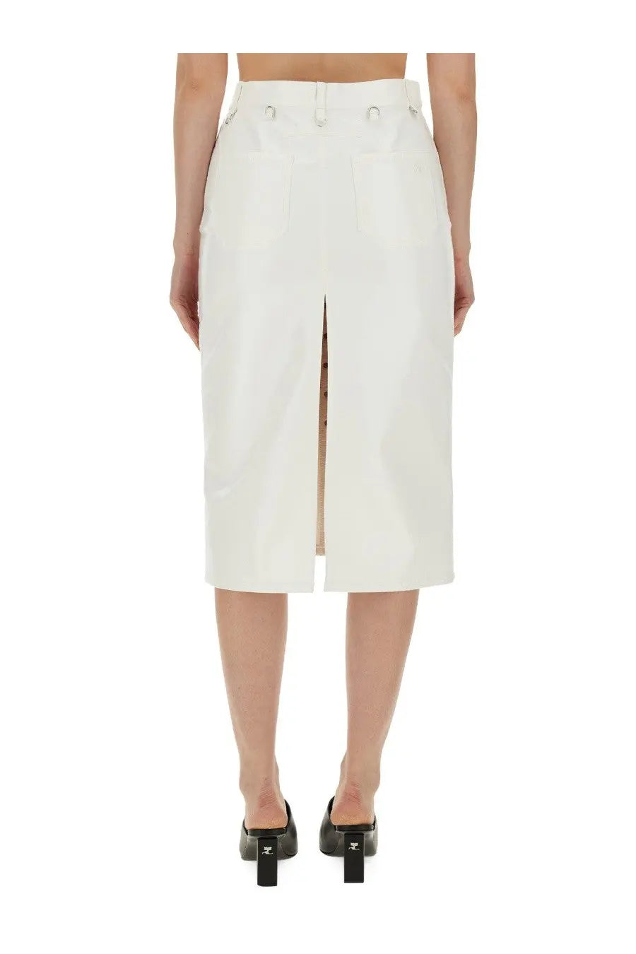 White high-waisted midi skirt by courrèges with a central front slit and structured clean lines