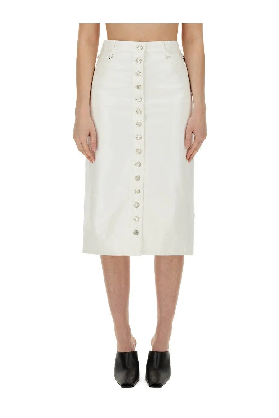 Courrèges women’s white leather midi skirt with central button closure