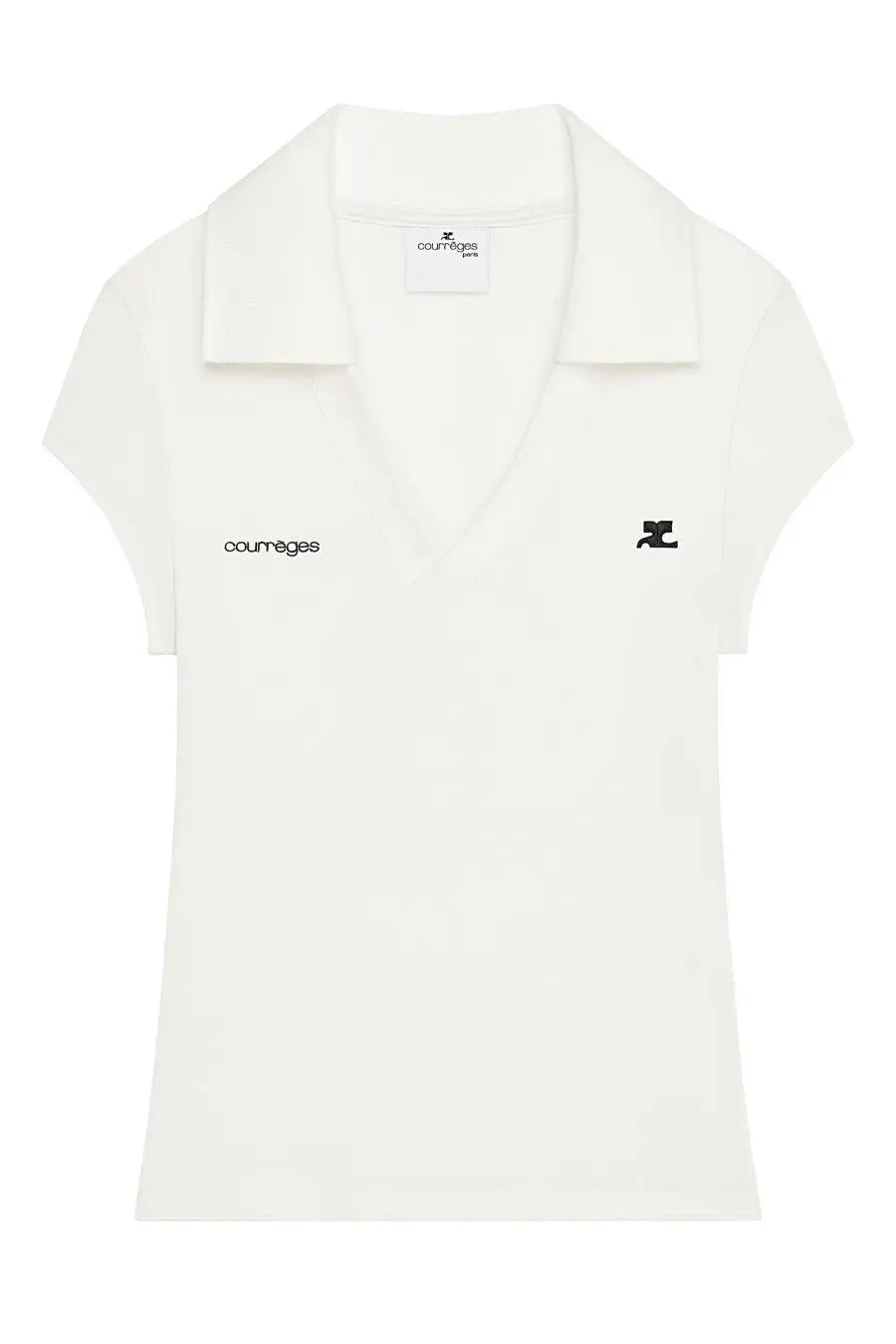 Courrèges women’s sports polo white with short sleeves classic collar and subtle black embroidery on chest
