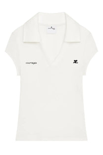 Courrèges women’s sports polo white with short sleeves classic collar and subtle black embroidery on chest