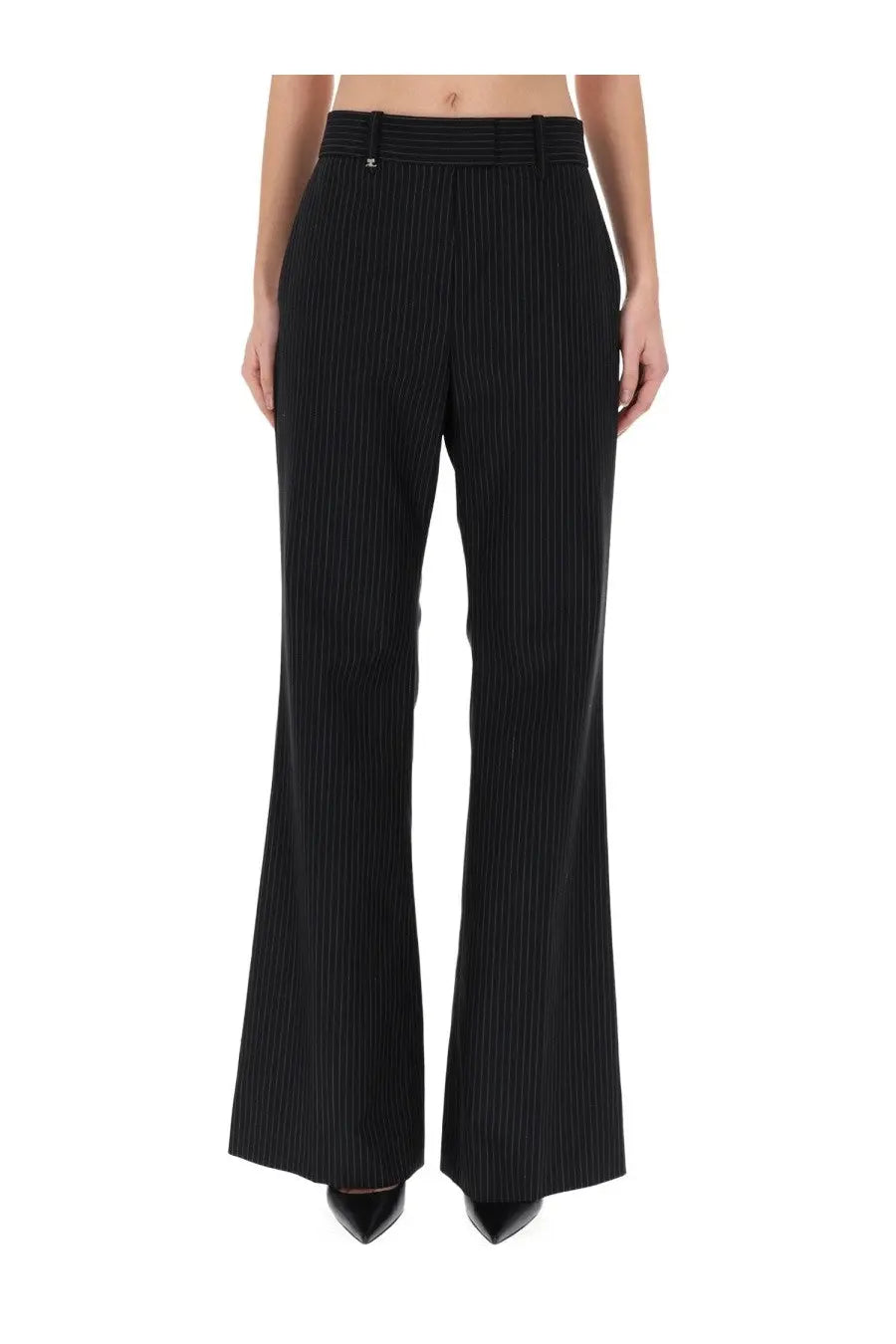 Courrèges women’s tailored black pinstripe wide-leg trousers with structured waistband and subtle metallic branding
