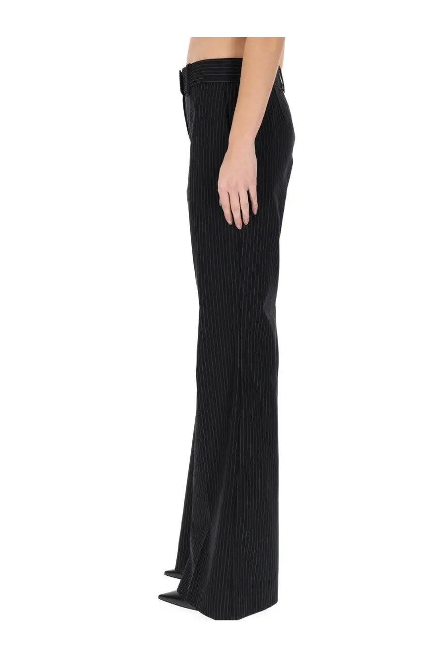 Courrèges women’s tailored black pinstripe wide-leg trousers with high waist and belt loop detail