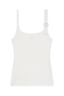 Courrèges women’s white tank top with adjustable strap buckle and subtle logo embroidery in cotton fabric