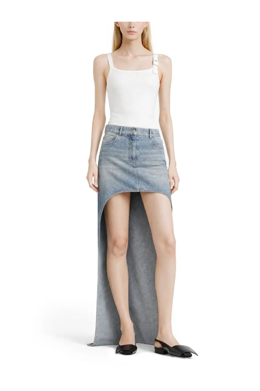 Courrèges women’s white tank top paired with a high-waisted denim skirt featuring a front slit and long flowing train