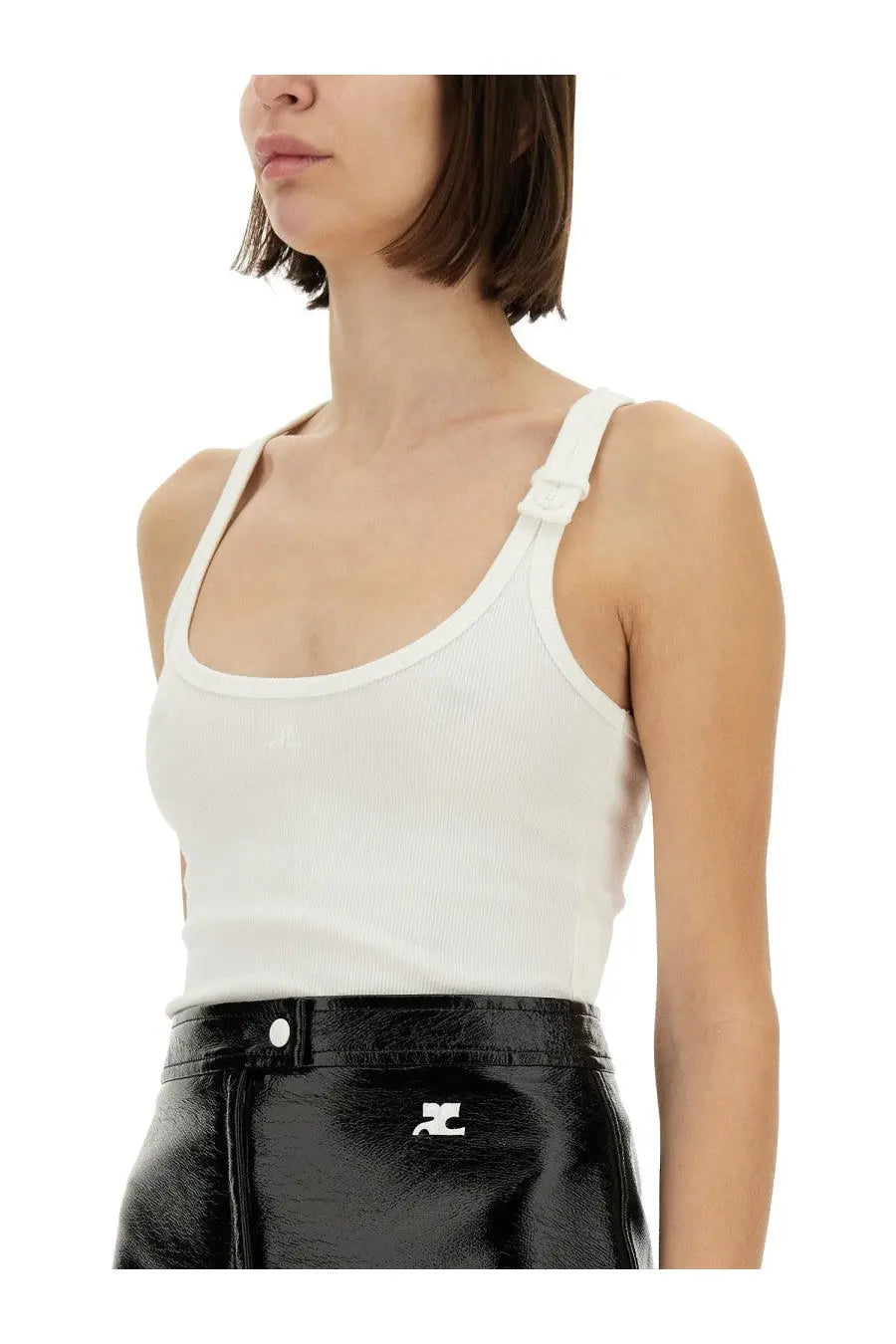 White ribbed knit tank top with adjustable shoulder straps by courrèges for women in a soft knit fabric