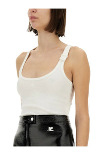 White ribbed knit tank top with adjustable shoulder straps by courrèges for women in a soft knit fabric