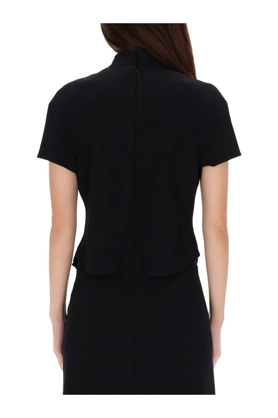 Courrèges women’s black short-sleeved dress with high collar and peplum hem in heritage circle design