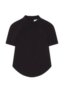 Courrèges women’s black short-sleeved top with high neckline and curved hemline in heritage design