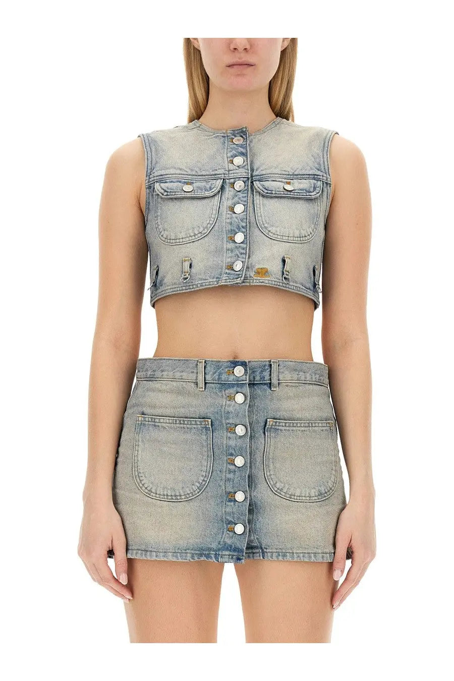 Courrèges women’s top cropped blue light-wash denim crop top and mini skirt set with front button closures