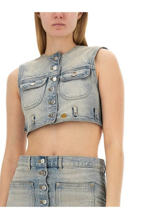 Courrèges women’s light-wash denim sleeveless crop top with button closures and front pockets in blue