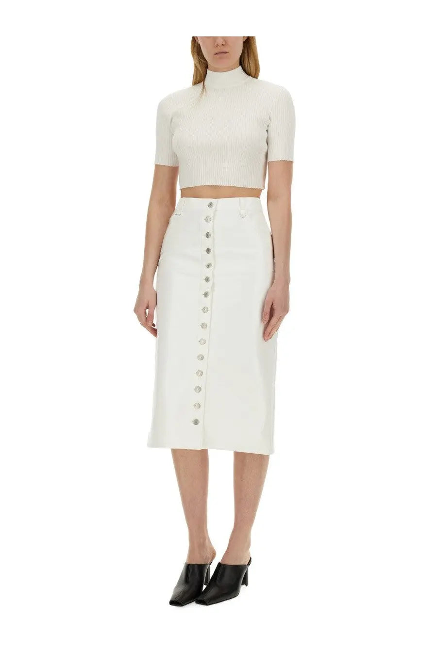 White button-front midi skirt from courrèges featuring a top cropped white design in lightweight fabric