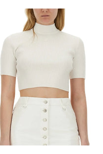 Courrèges women’s white ribbed knit crop top with short sleeves made from soft cotton blend fabric