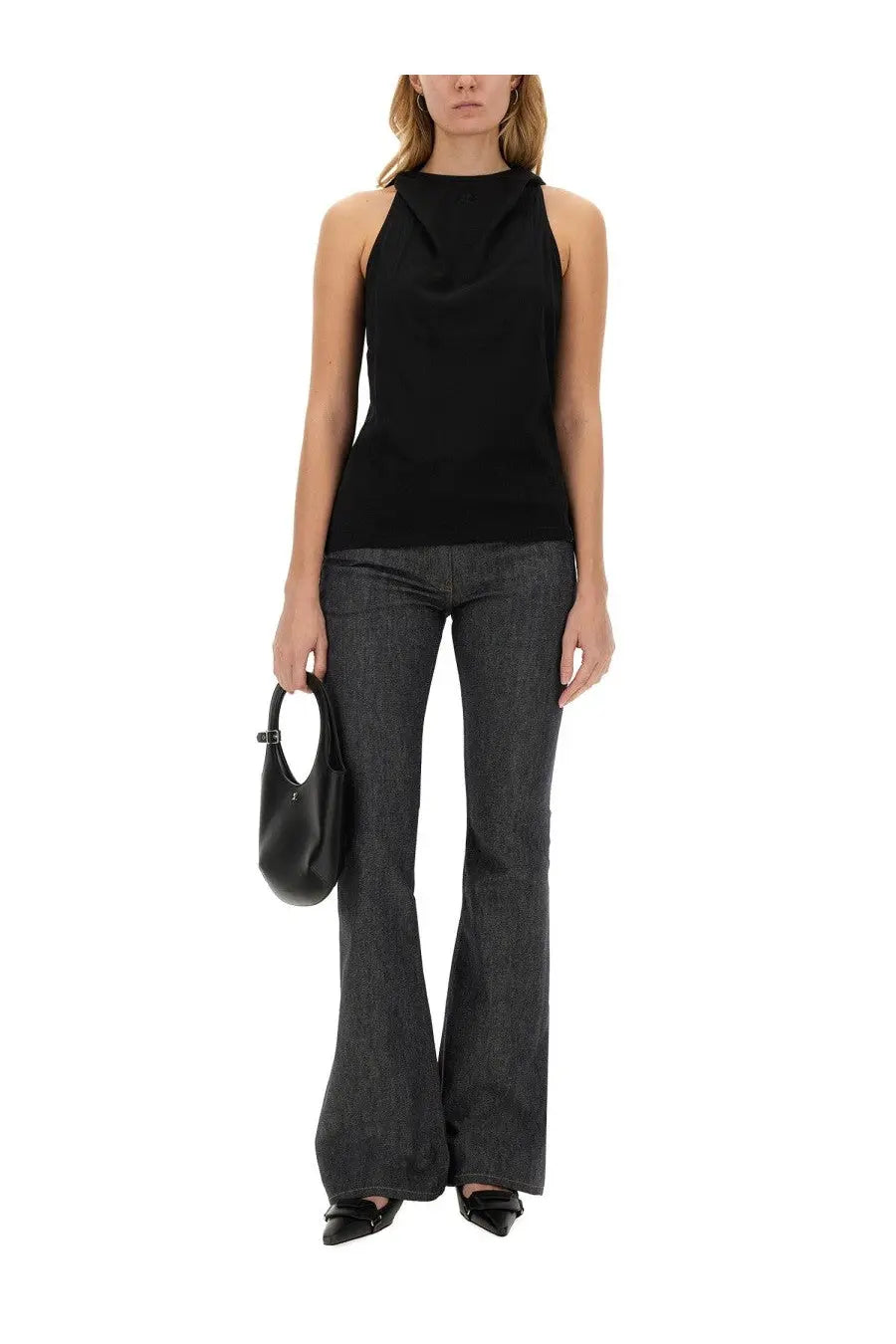 Black leather mini handbag with single top handle and minimalist design in courrèges women’s tops black collection