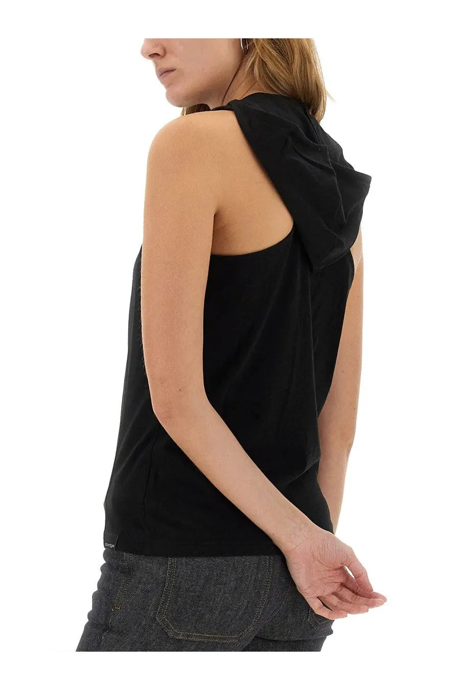 Courrèges women’s black sleeveless top with draped hood and soft flowing fabric