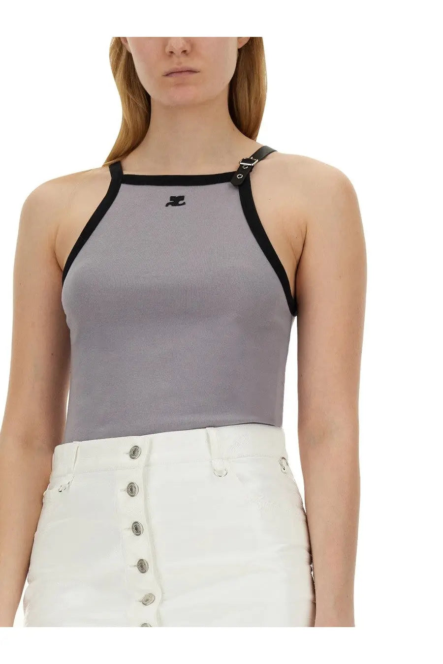 Courrèges women’s grey halter top with black trim and small chest logo perfect for casual wear