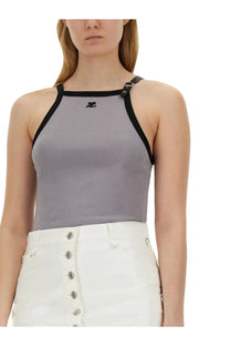 Courrèges women’s grey halter top with black trim and small chest logo perfect for casual wear
