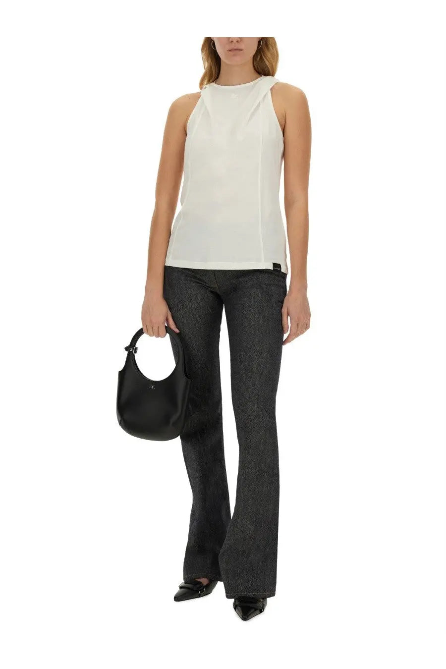 Black leather hobo bag with single top handle and minimalist logo detail for courrèges women’s tops white collection