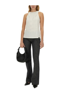 Black leather hobo bag with single top handle and minimalist logo detail for courrèges women’s tops white collection
