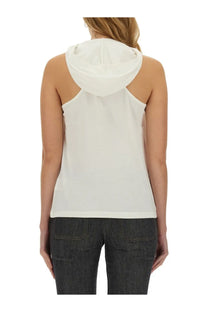 Courrèges women’s white sleeveless top with hood made of soft flowing fabric featuring a minimalist design