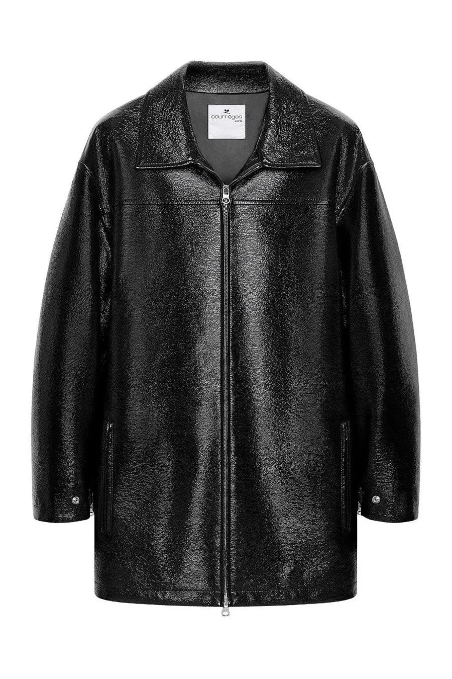 Courrèges women’s vinyl black faux leather jacket with matte finish classic collar and front zipper closure