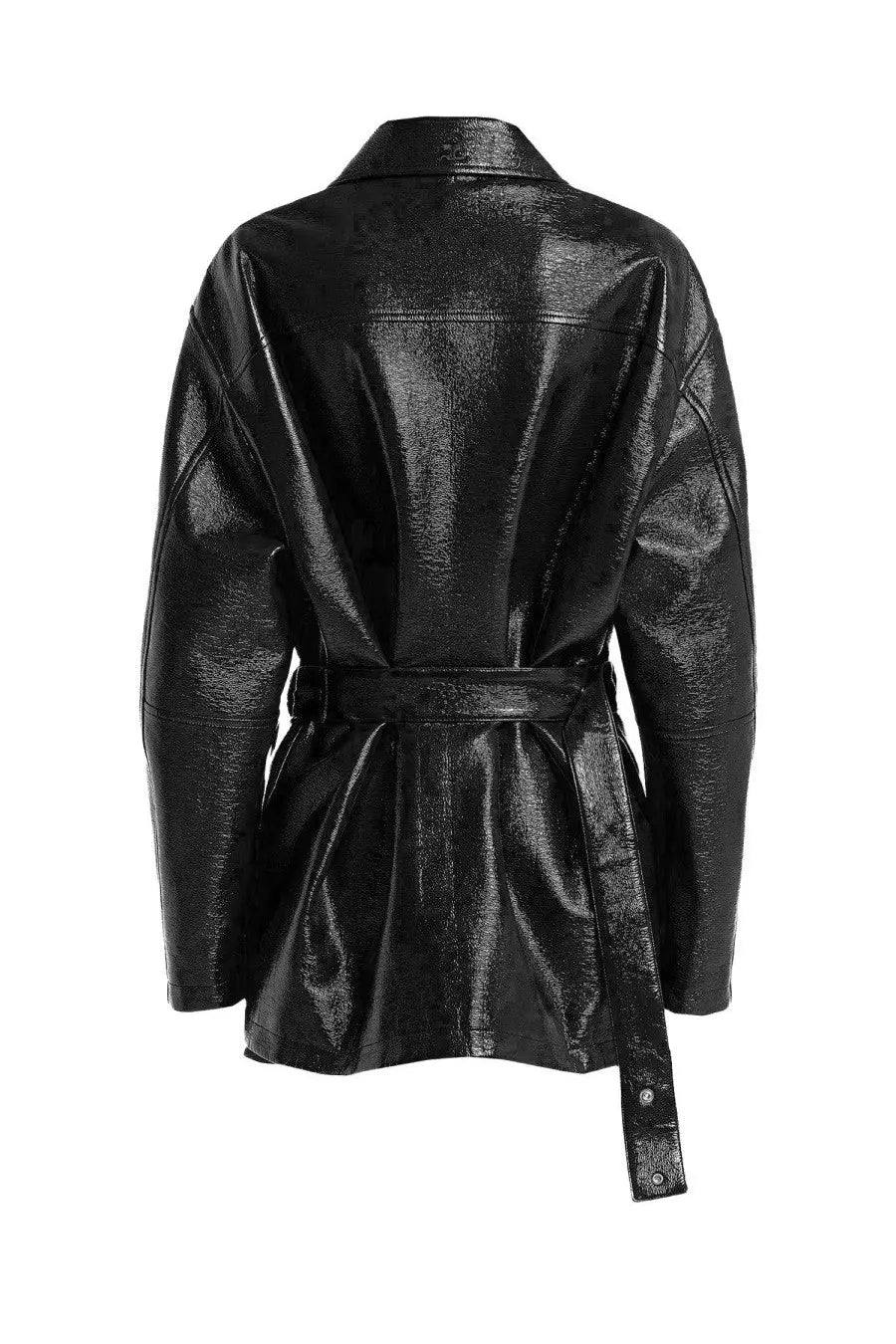 Black glossy faux leather courrèges women’s vinyl jacket with belted waist structured collar and long sleeves