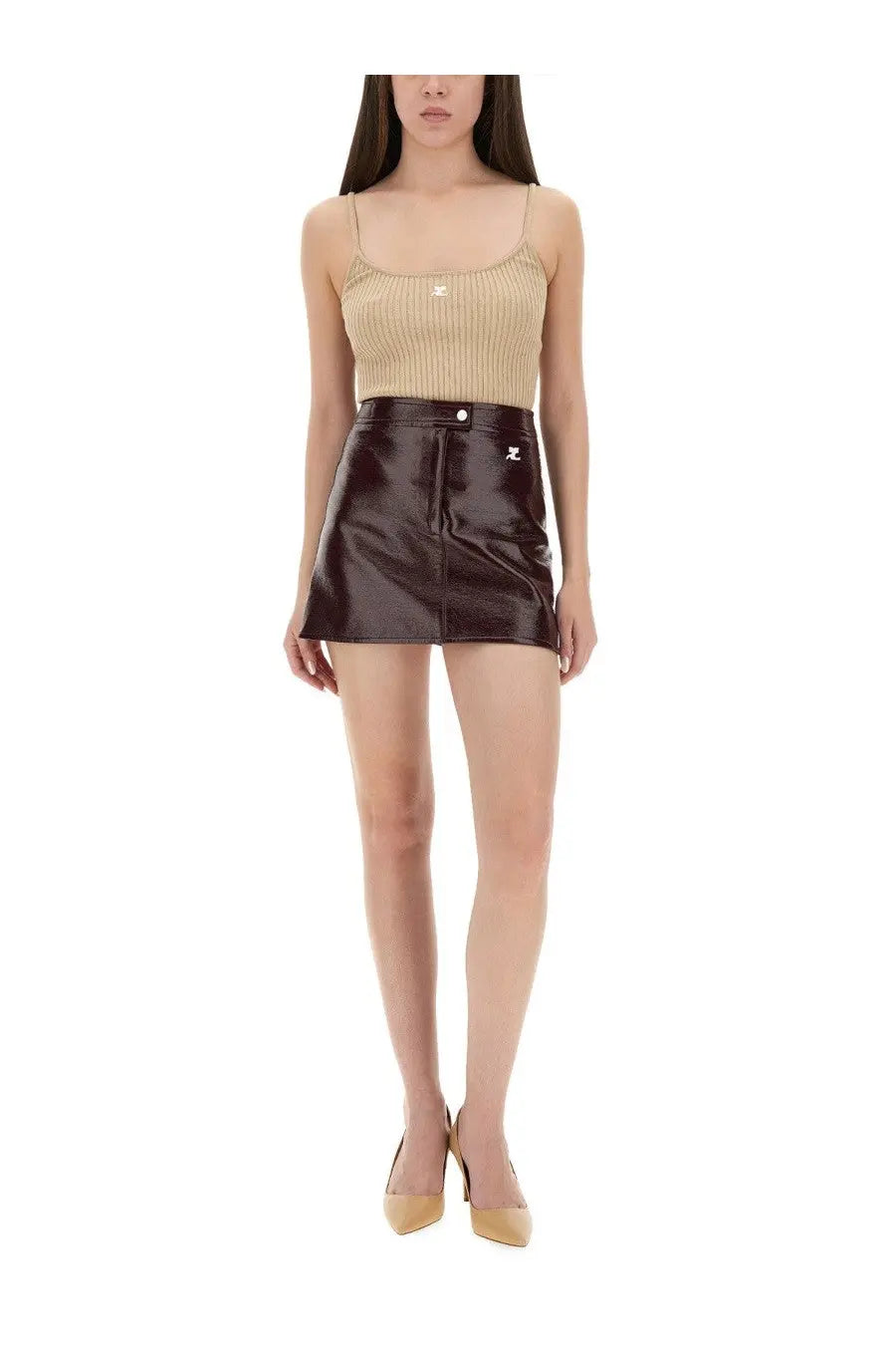 Courrèges women’s vinyl mini skirt reedition red in glossy dark brown faux leather with front zipper and metallic logo accents