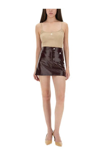 Courrèges women’s vinyl mini skirt reedition red in glossy dark brown faux leather with front zipper and metallic logo accents