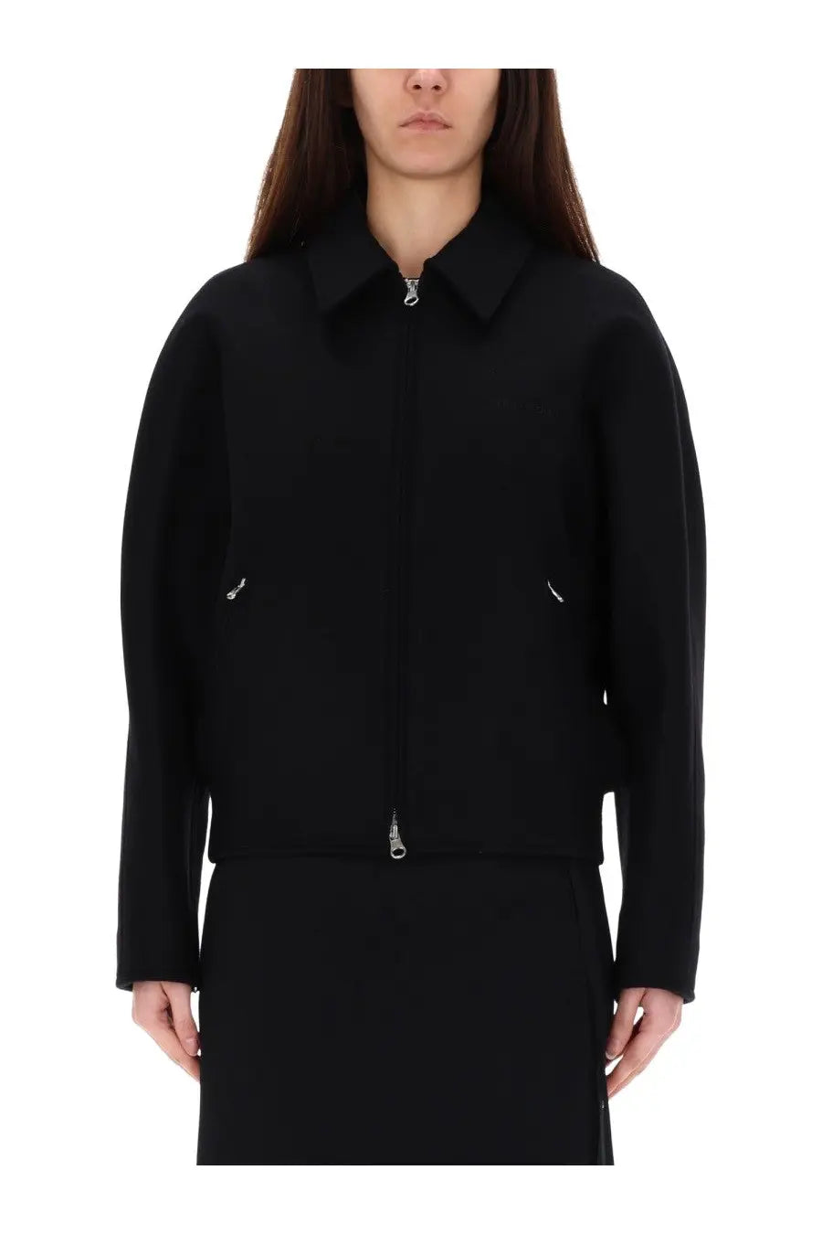 Courrèges women’s black wool bomber jacket with classic collar and silver-toned zipper detailing