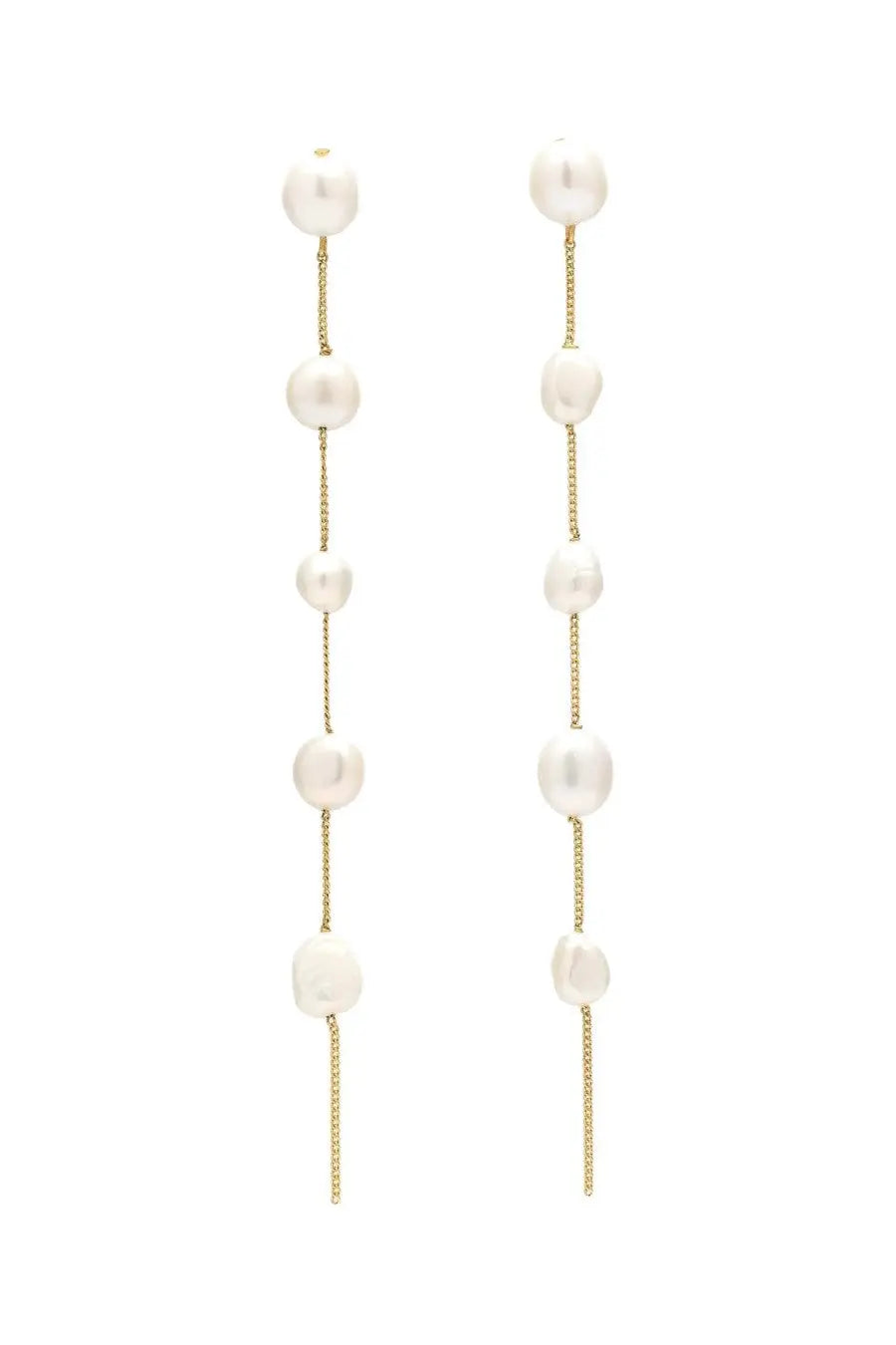 Cult gaia women’s atum earrings featuring delicate gold chains with five lustrous irregular white pearls cascade
