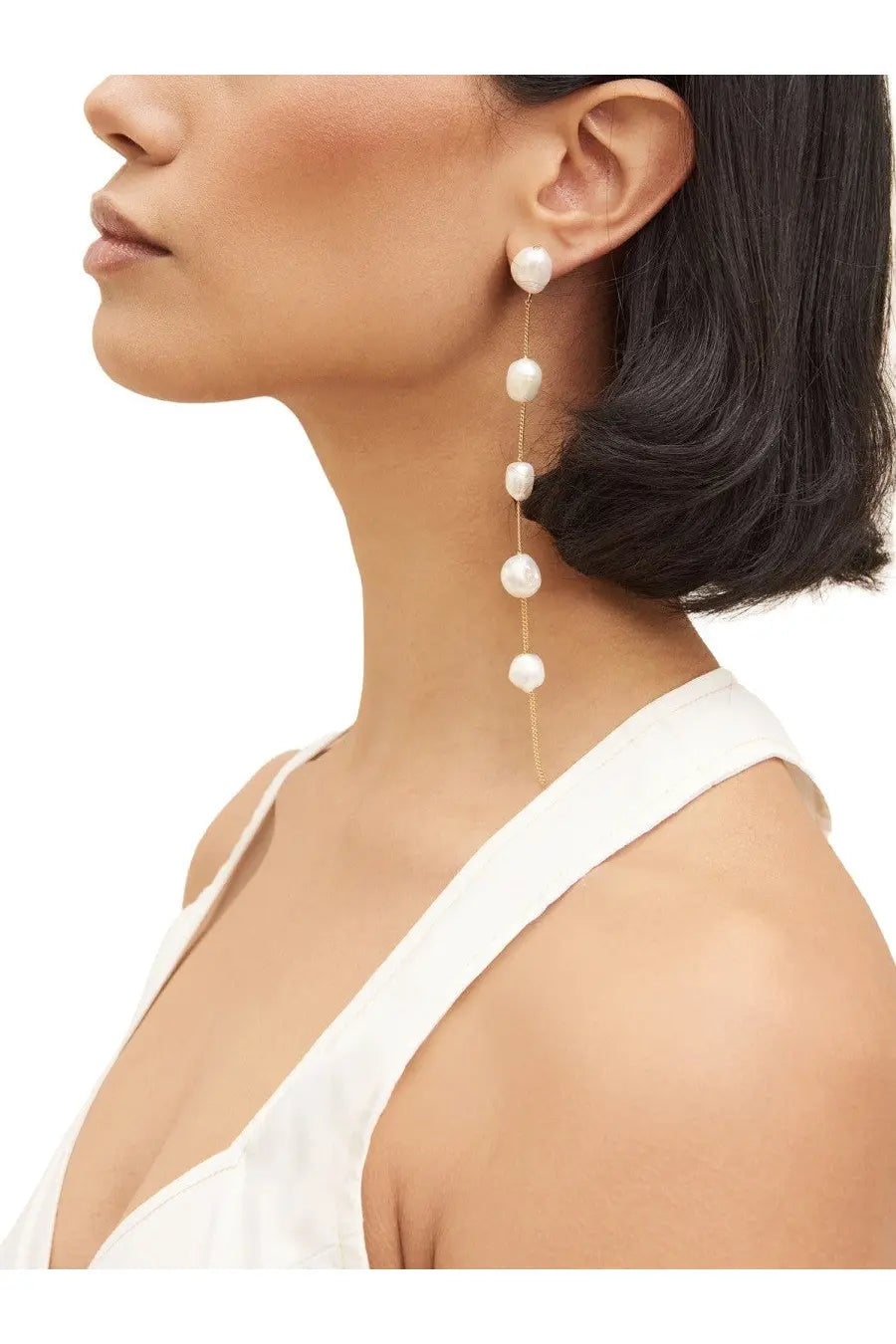 Cult gaia women’s atum earrings white with long gold chain and five delicate white pearl drops