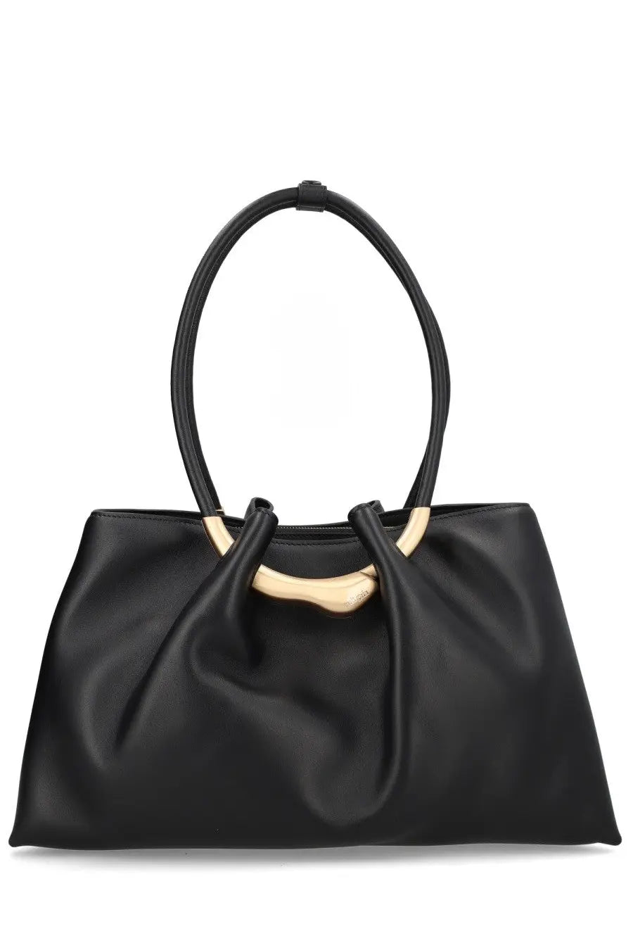 Cult Gaia women’s black leather tote bag with a distinctive gold-tone circular handle accent