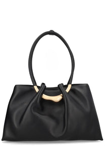 Cult Gaia women’s black leather tote bag with distinctive gold tone circular handle accent