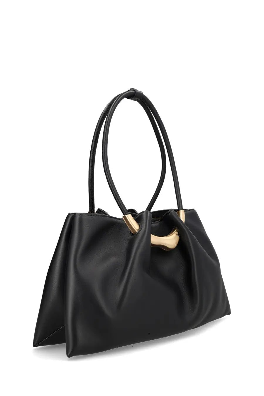 Cult Gaia women’s black leather tote bag with gold-tone metal handles and distinctive curved clasp