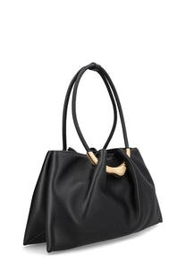 Cult Gaia women’s black leather tote bag with gold-tone metal handles and distinctive curved clasp