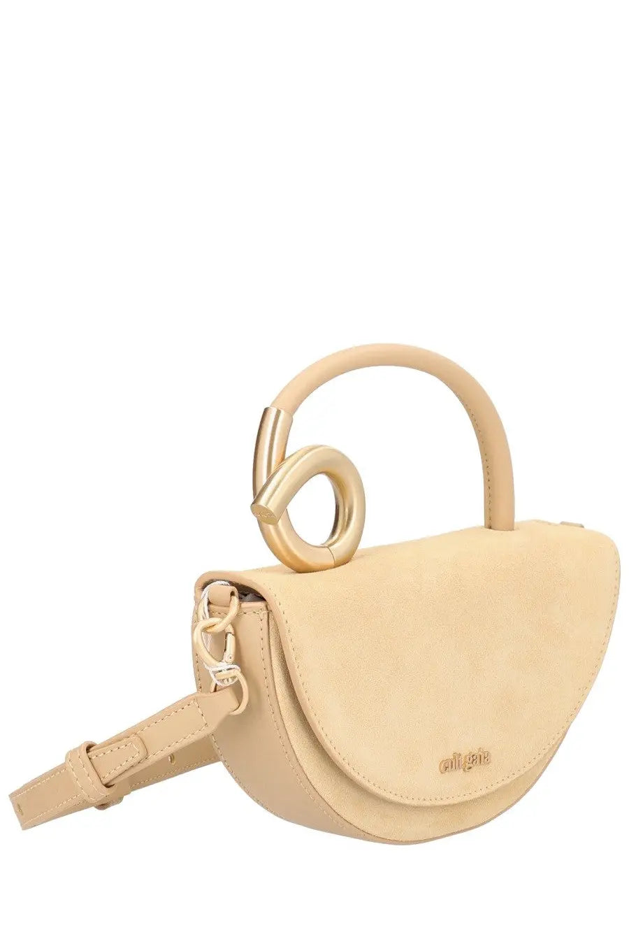 Cult Gaia women’s bag Azariah beige half moon shaped beige suede handbag with gold metal ring handle and adjustable strap