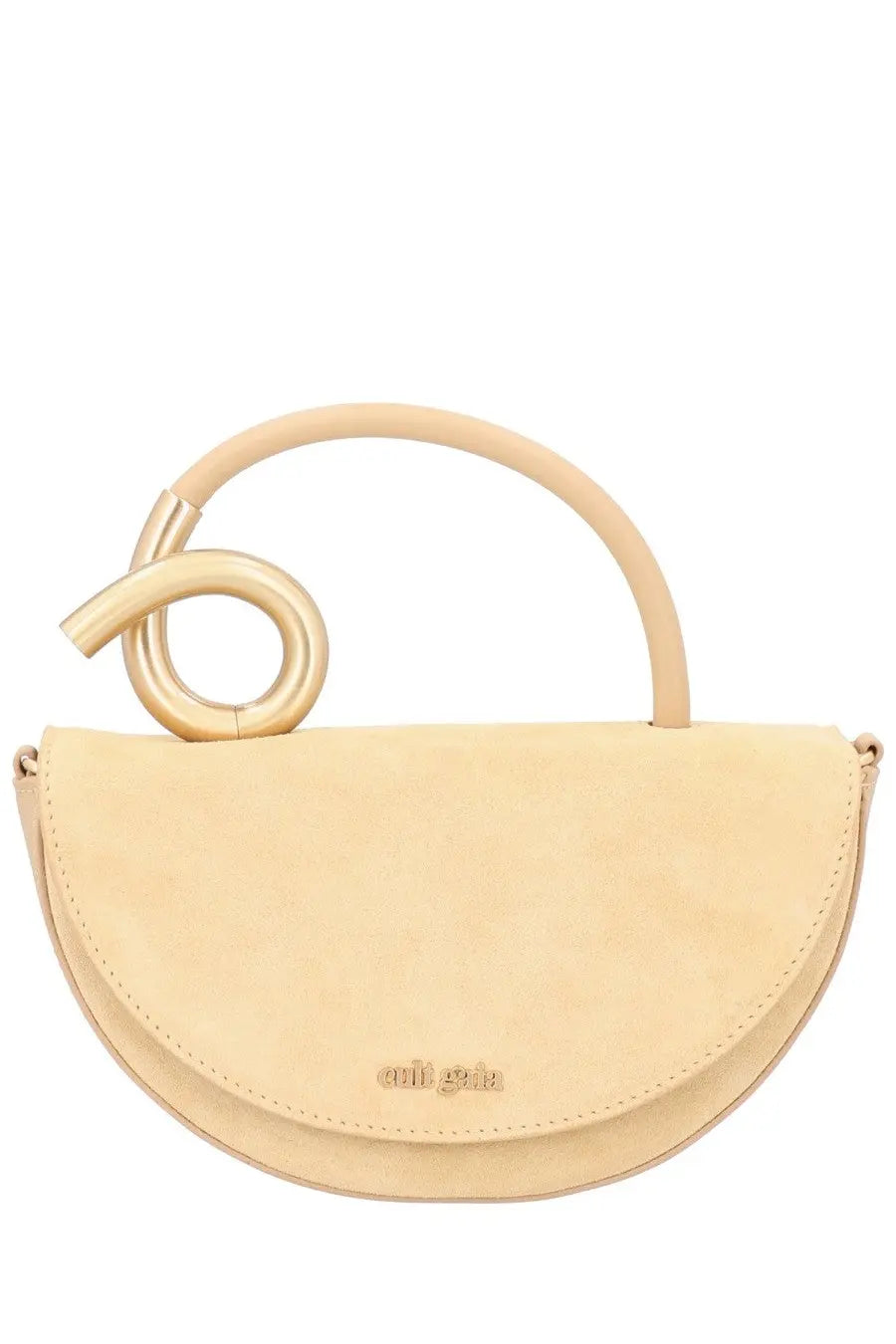 Beige suede half-moon handbag with gold-tone twisted handle and Cult Gaia embossed on the front
