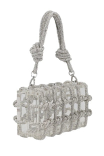 Clear acrylic clutch bag with silver beaded woven handle and crystal embellishments from Cult Gaia women’s collection