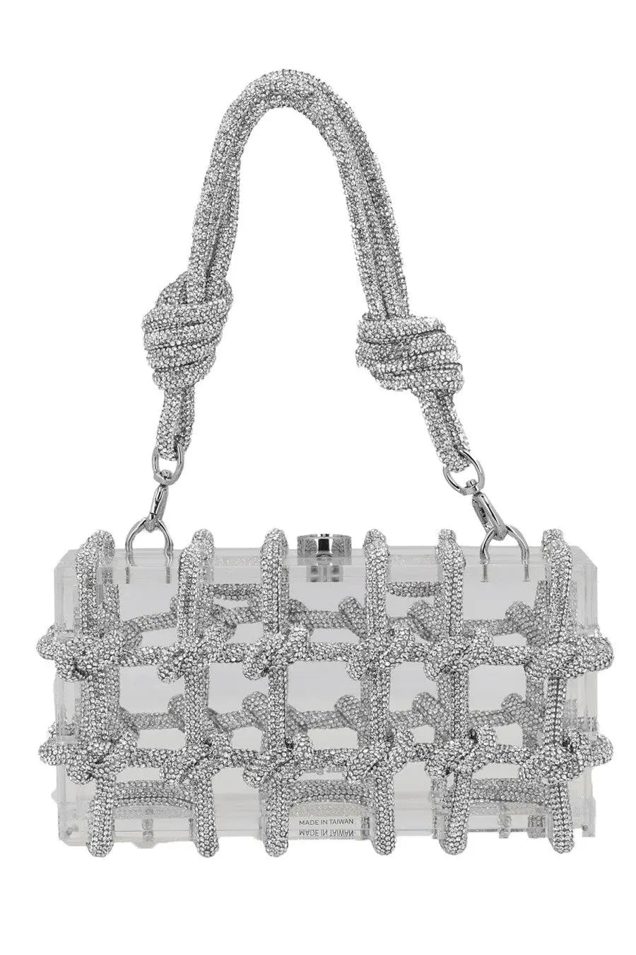 Clear acrylic cult gaia womens clutch bag bess silver with silver crystal knotted handles and crystal grid pattern front