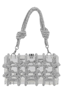Clear acrylic clutch bag with silver crystal embellished knotted handles and intricate silver knot patterns by cult gaia