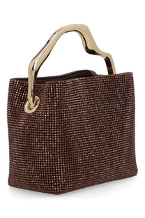 Brown crystal-embellished cult gaia solene mini handbag with sleek gold-tone handle for women
