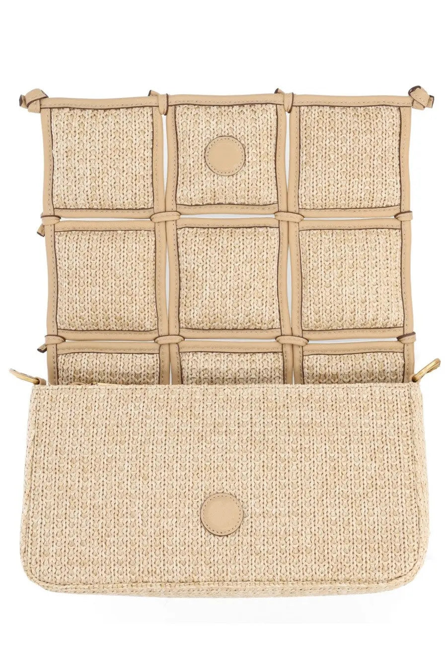Cult Gaia women’s borsa gaia puff beige woven straw crossbody bag with tan leather straps and circular leather accents