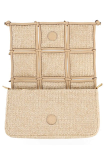 Cult Gaia women’s borsa gaia puff beige woven straw crossbody bag with tan leather straps and circular leather accents