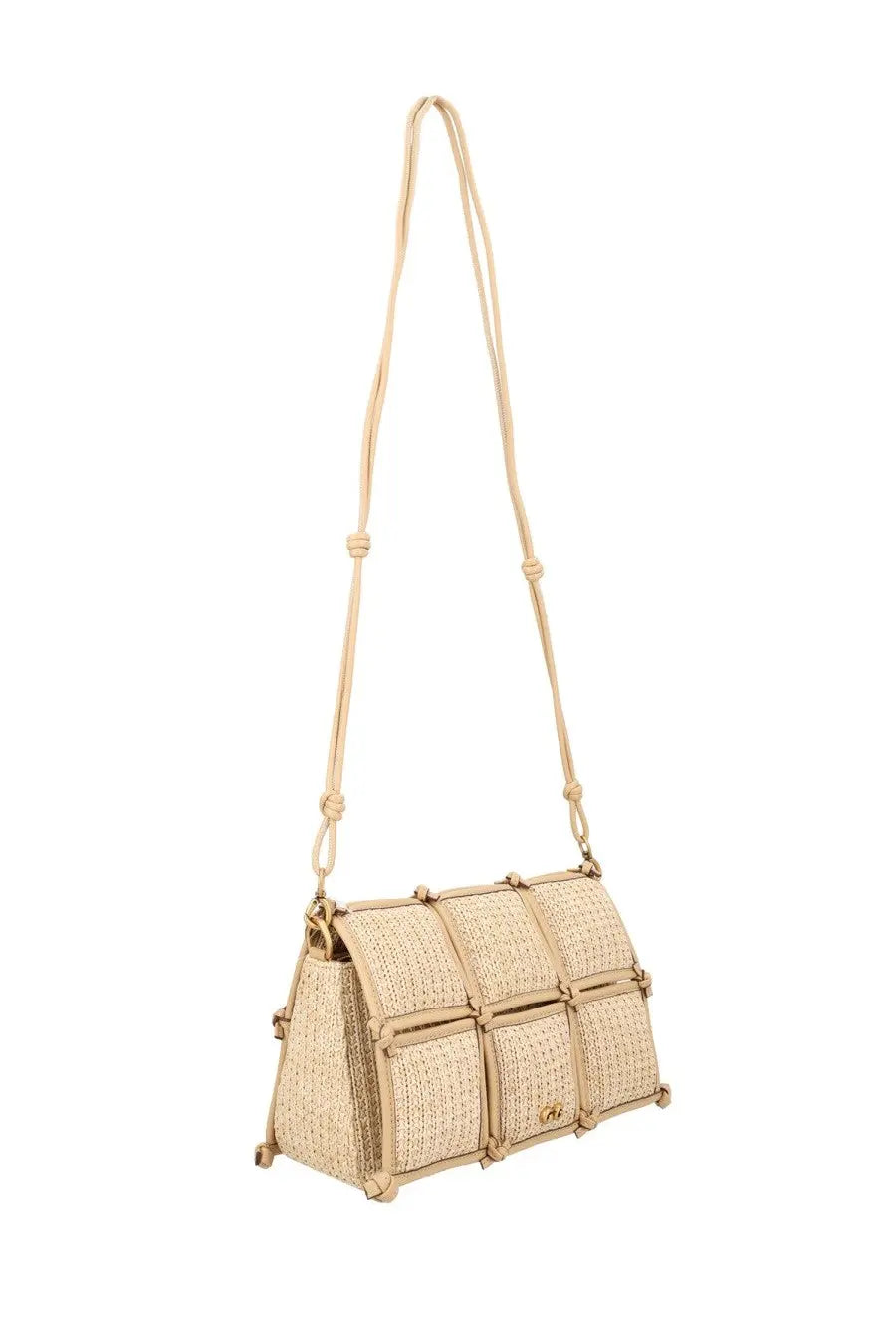 Beige woven straw crossbody bag with structured grid design and adjustable strap by cult gaia women’s borsa gaia puff