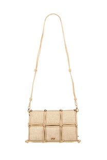 Beige woven straw crossbody bag with grid pattern and adjustable strap from cult gaia womens borsa gaia puff beige